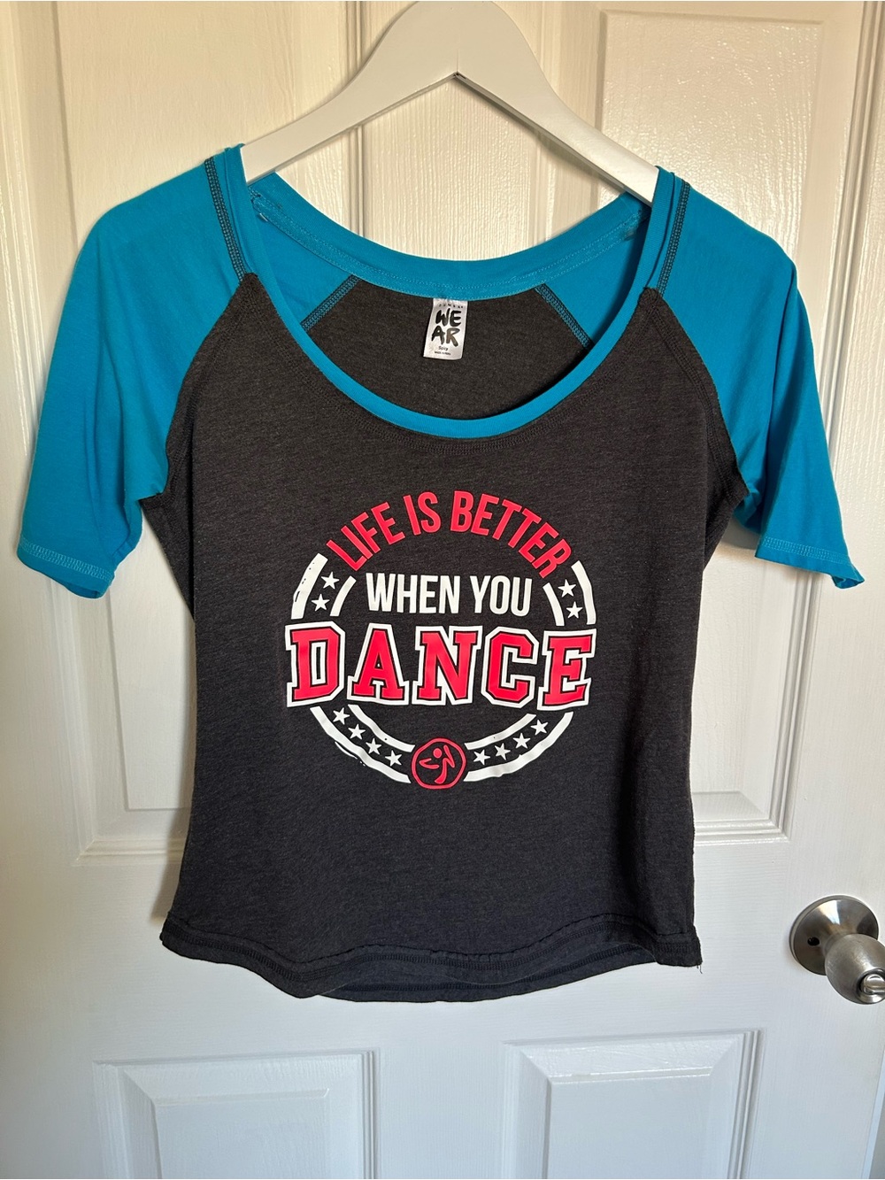 Zumba Fitness Teal and Charcoal Raglan Dance Graphic Tee